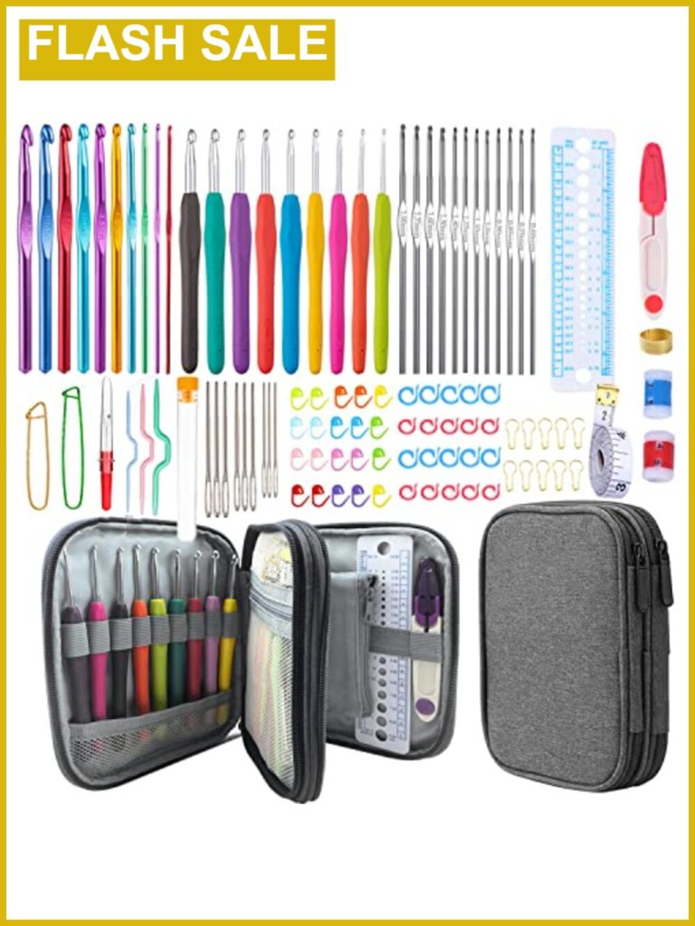 102pc Ergonomic Crochet Hook Set with Case, Aluminum & Rubber Hooks, Travel Kit